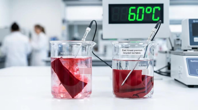 East Xinwei laboratory color fastness test at 60°C showing superior dye stability for recycled sportswear fabric East Xinwei laboratory color fastness test at 60°C showing superior dye stability for recycled sportswear fabric